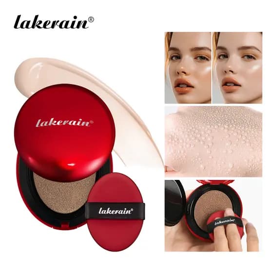 Base Hidratante Lakerain Vermelha com Cushion, à prova d'água, acabamento natural e leve, para pele radiante.
