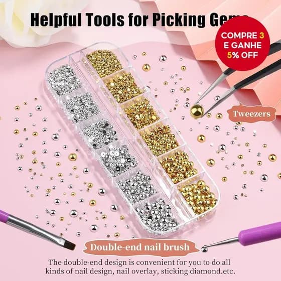 Novos adornos para unhas em prata e dourado, pérolas de unhas em forma de meia-lua de 1,5-5 mm, pendentes de resina com