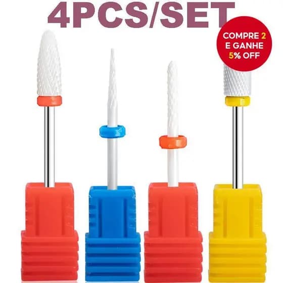 Kit 04 Brocas de Cerâmica para Unhas, Acabamento em Gel para Unhas, Motores de Lixa para Unhas.