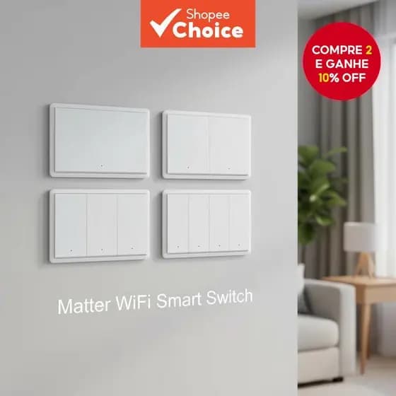 Tuya WiFi Interruptor Matter, Sem Fio Neutro, Controle Inteligente de Luz, Comando de Voz via Siri, Alexa, Apple