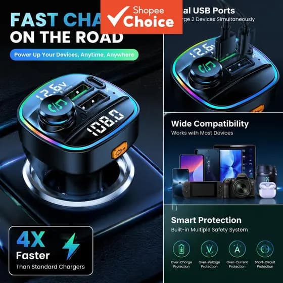 Bluetooth 5.3 Transmissores FM Para Carro MP3 Player 22.5 W Carregador Rápido USB