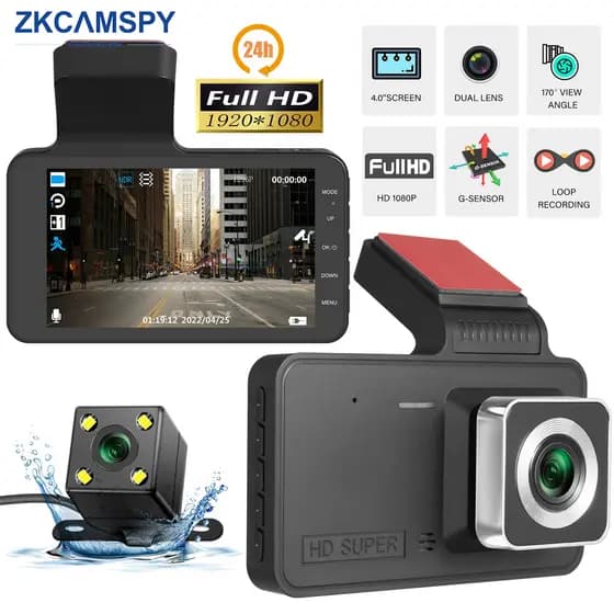 Câmera Veicular 1080P Lente Dupla Tela 4 Polegadas Gravador de Vídeo Dianteiro e Traseiro DVR Visão Noturna Sensor G