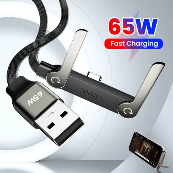 Cabo De Carregamento Rápido USB-A Para Tipo C De 65 W Suporte Dobrável Telefone 2 Em 1