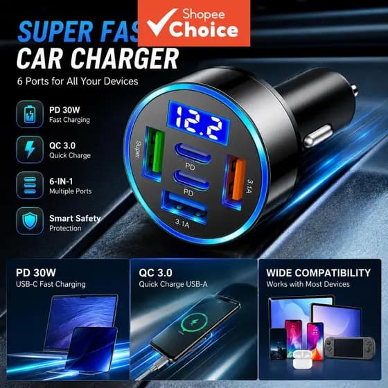 Carregador Veicular de Carregamento Rápido com Entrega de Energia Tipo C Adaptador para Telefone