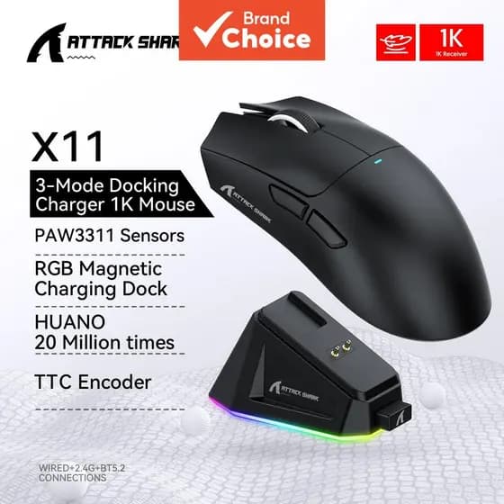 Mouse Gamer ATTACK SHARK X11 com Base de Carregamento Magnético, Sensor PixArt PAW3311, Bluetooth/Sem Fio 2.4G/Com Fio
