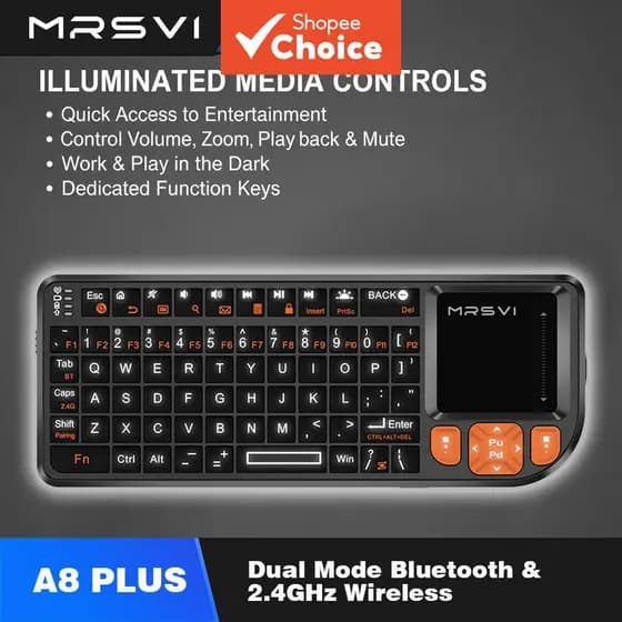 Teclado Mini Sem Fio Retroiluminado com Touchpad – MRSVI A8 PLUS Teclado Portátil 2.4GHz/Bluetooth para Android TV, Mac,