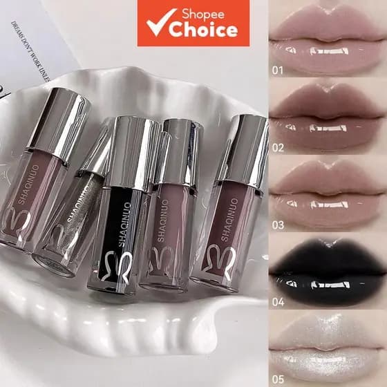 SHAQINUO Brilho Labial - Acabamento Brilhante com Brilho, Tons Preto/Prata/Cinza, Realça a Pele para Rosto Natural,