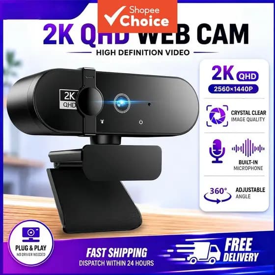 Câmera Web JCL 2K com Microfones, Tampa de Privacidade e Correção Automática de Luz, Plug & Play USB para PC/Laptop,