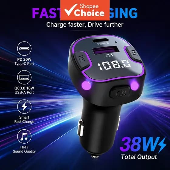 Carregador De Carro USB Type C Carregamento Rápido BLUETOOTH 5.3 Transmissor Fm Aux Handsfree Leitor De Disco U Sem Fio