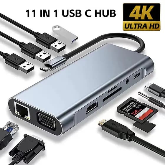 USB HUB Adaptador Tipo C 11-em-1 HDMI 4K VGA PD USB3.0 RJ45 Ethernet Leitor de Cartão TF SD AUX 3.5mm