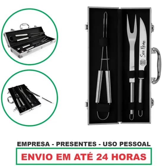 Kit Churrasco Faca Maleta 3 Peças Personalizado Nome Logo