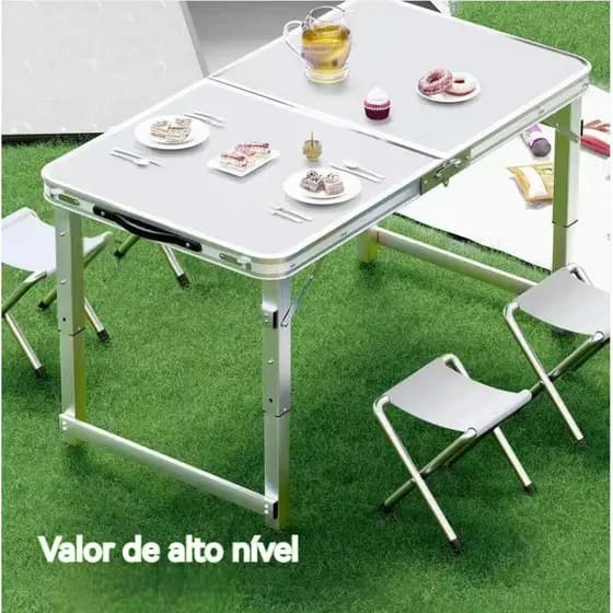 Kit Mesa Dobrável Portátil Vira Maleta Camping Churrasco 120X60cm com 4 Banquinhos Dobráveis Brancos