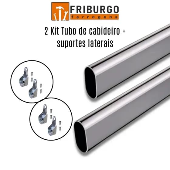 2 Kits Tubo de Cabideiro Oval Arara para Guarda-Roupas + Suportes Laterais e Parafusos (Sob Medida)