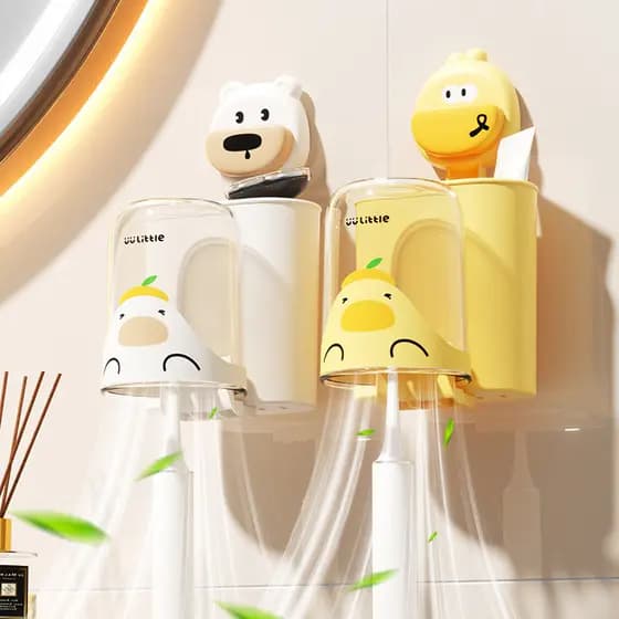 Suporte de Escova de Dentes com Ventosa em Estilo Cartoon – Suporte de Parede Sem Furos para Pasta de Dentes e Copo, Sup