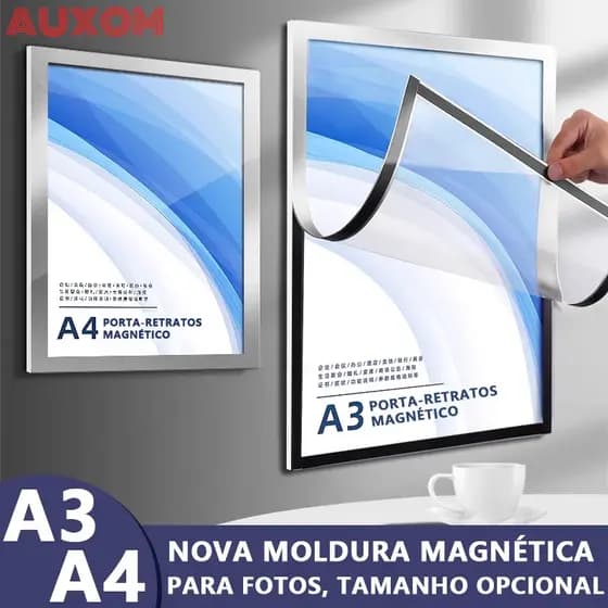 Novo Kit com 5 Molduras Magnéticas A3 A4 com Adesivo p/ Certificados, Livros Infantis, Lojas, Preto Prata