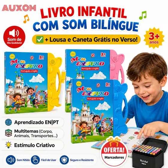 AUXOM Livro Interativo com Som Infantil Bilíngue Português Inglês Multi Temas Toque Educativo Aprendizagem
