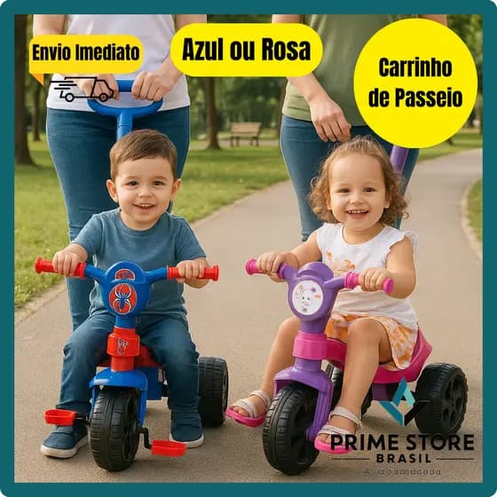 Motinha Infantil Passeio e Pedal com Haste Spider Gatinha Kendy Menino Menina Moto Carrinho Triciclo
