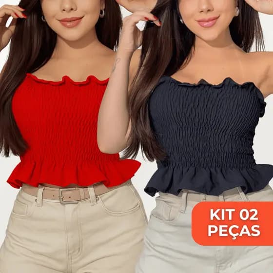 Kit 2 Cropped Feminino Franzido Babado Básico Tomara Que Caia Moda Verão