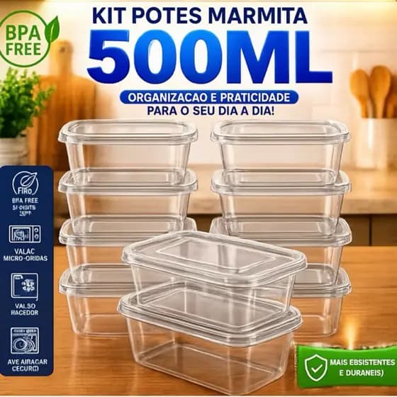 kit 10 potes marmita fitness 500 ml transparente