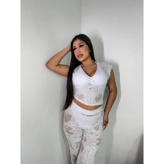 CONJUNTOS CROPPED CALÇA +BIQUINS TECIDO RENDA E SUPLEX MODA BOLOGURIRA