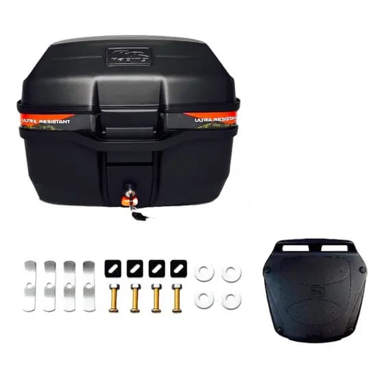 Baú Moto 35L Universal Preto com Chave + Base e Kit Fixação Ultra Resistente Delivery Motoboy