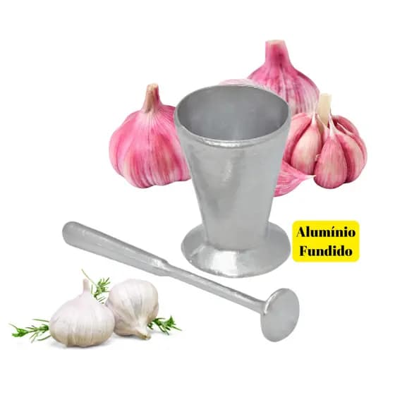 Kit Pilao+ Socador Amassador Aluminio Fundido Prata Alho Cebola Almofariz Polido Temperos Cozinha Condimentos
