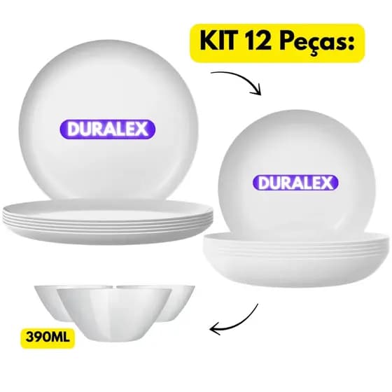 Jogo Kit 12 Peças Aparelho de Jantar 4 Pratos Branco Blanc Fundo +4 Rasos +4 Cumbuca 390ml Saladeira
