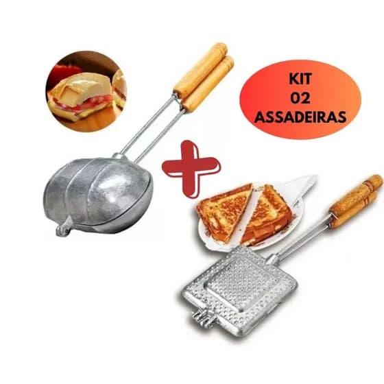 Kit 02 Assadeiras Aluminio Fundido Polido Pao Frances Forma Bauru Queijo Baurutex Tostex Madeira