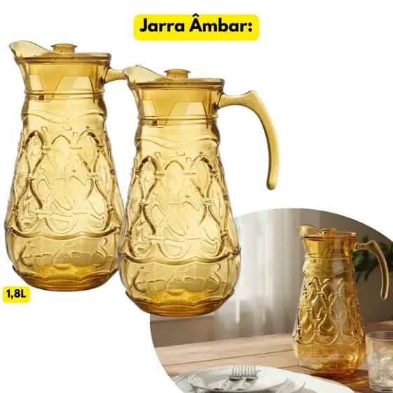 Jarra 1,8L C/ Tampa Vidro Âmbar Labelle Servir Drinks Suco Água Refrigerante Dourado Refeição