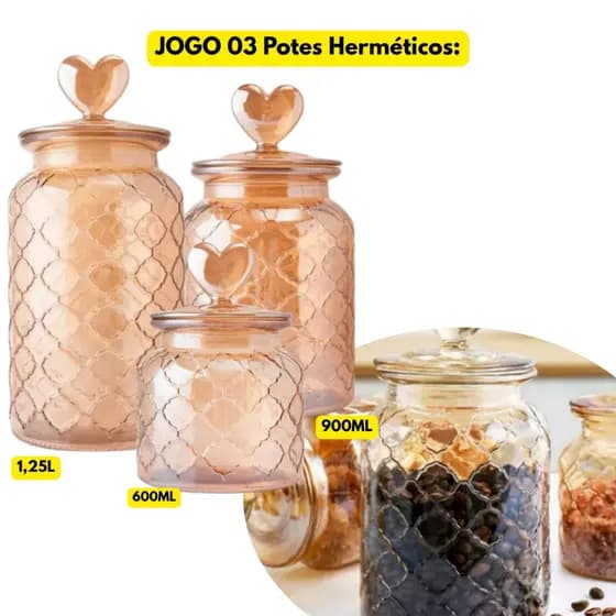 Jogo Kit 03 Potes Vidro Âmbar Dourado C/ Tampa Coração Hermética Amarelo Bomboniere Armazenamento