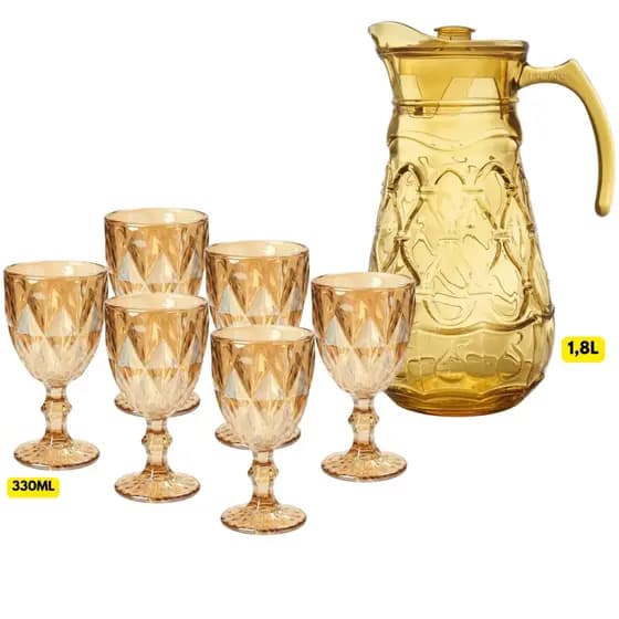 Jogo Kit 7 Peças Jarra Vidro 1,8L C/ Tampa Ambar + 6 Taças 330ML Água Dourada Drink Suco Enfeite Escritorio