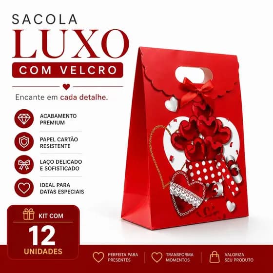 12 Sacolas Presente Luxo Fechamento em Velcro Vermelha 27x19x9cm Romantico Dia Namorados Mães