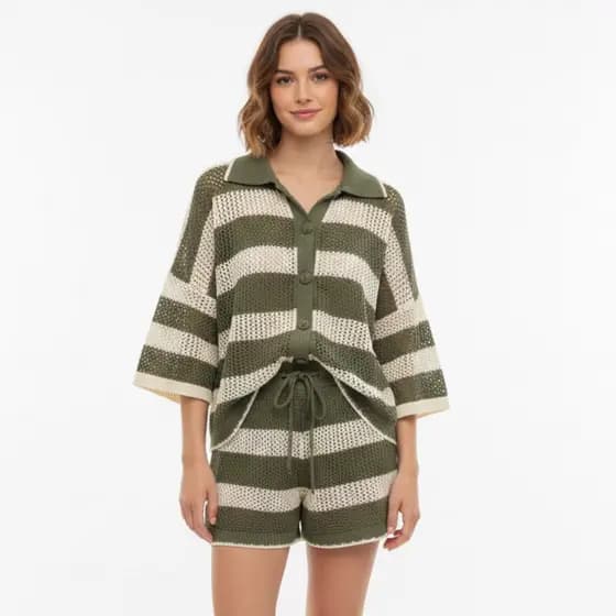 Conjunto Tricot Premium Saida De Praia Listra Botão Forrado | Verão Blusa Over + Shorts