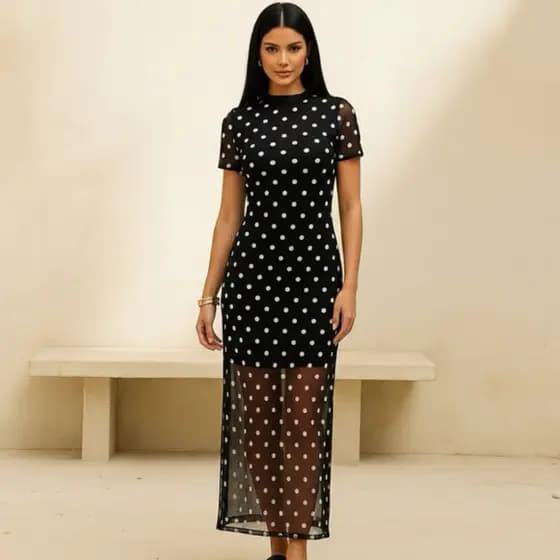 Vestido Longo Tule Manga Curta Poá Bolinha Transparente