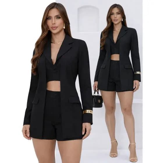 Conjunto Feminino Alfaiataria Blazer Colete Duplo Shorts Curto Elegante Clássico