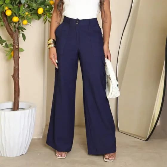 Calça Cargo Social Feminina Pantalona em Alfaiataria Estruturado Bolsos Laterais