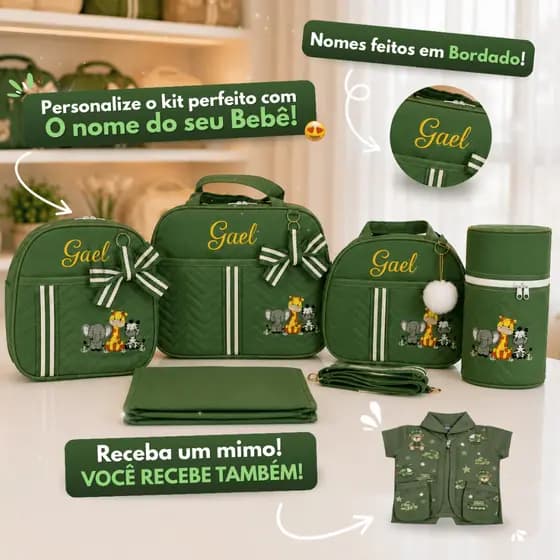 Kit de Bolsa Maternidade com Nome Personalizado com Animais Safári completo com 5 peças