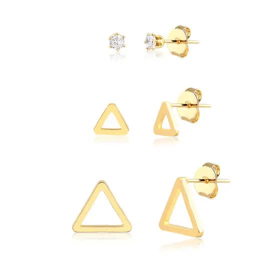 Brinco Dourado Pequeno Trio Triângulos Vazados Detalhe Ponto de Luz (4mm-6mm-1,1cm)