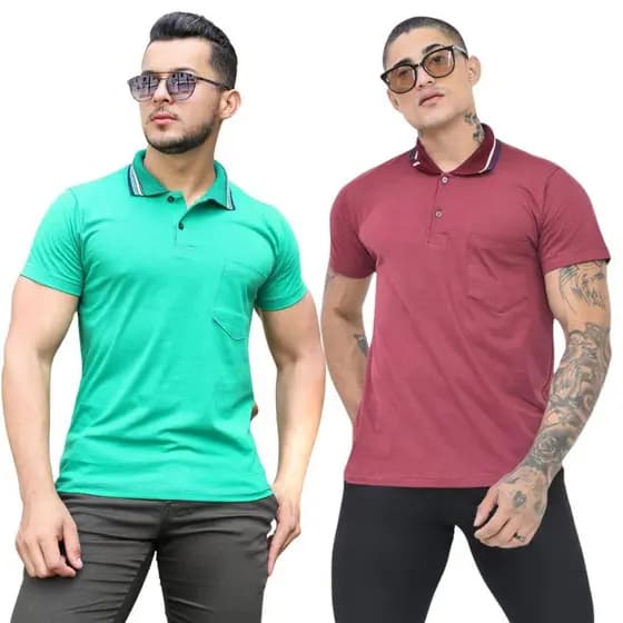 Kit 2 Camisetas Gola Polo Com Bolso Algodão Malha Fio 30 Manga Curta Estilo Casual Moda Masculino