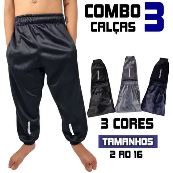 Kit 3 Calça Infantil Jogger Menino Forrada Com Bolsos Lateral Reforçada 10 Ao 16