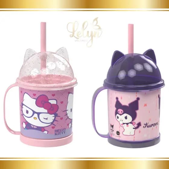Caneca Hello Kitty e Kuromi Clássica Infantil com Tampa Lúdica 3D e Canudo 360ml 1 unidade