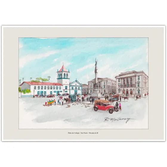 Pátio do Colégio - São Paulo - Década de 20 | Arte Aquarela para Quadro Decorativo | Lembrança | A4