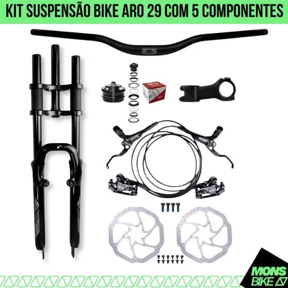 Garfo Amortecedor Bike Aro 29 2 Andar + Freio Hidráulico + Guidão MTB + Mesa Suporte + Caixa Over