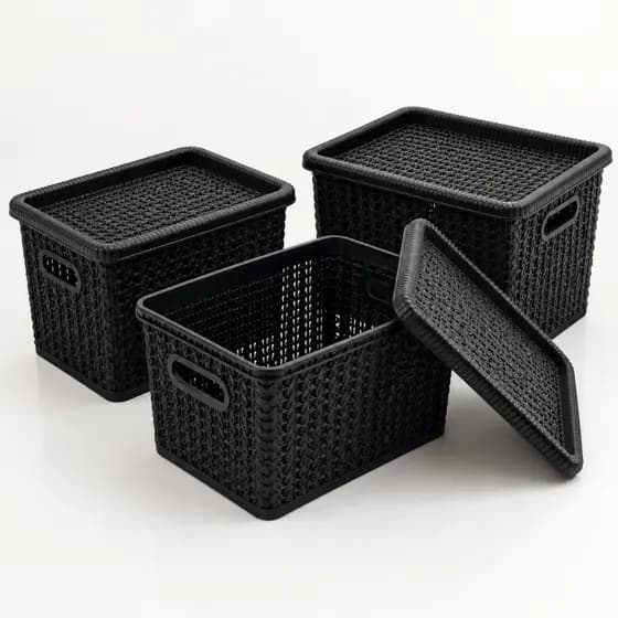 Kit 3 Caixas Organizadoras Rattan Plástico 5L com Tampa e Alças Empilhável Multiuso Casa