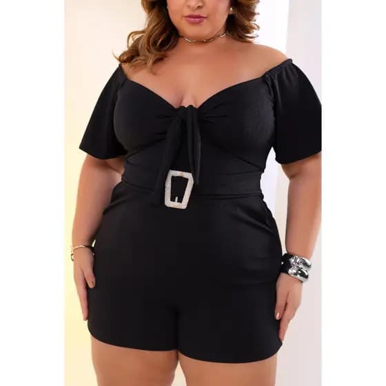 Macaquinho Plus Size Feminino com Cinto Fivela Malha Crep 44/46