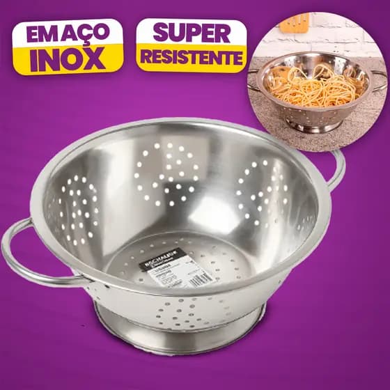 Escorredor de Massas Legumes Inox Multifuncional 25,5cm com alças Durável Versátil e Fácil de Limpar