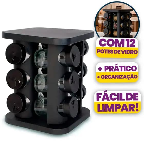 Porta Condimentos Temperos Giratório 12 Potes Vidro Tampa Dosadora Preto Premium