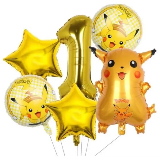Kit c/5/6 balões pokémon corpo mede 50cm/redondo/estrela mede 45 cm/número mede 40 cm