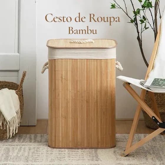 Cesto de Roupa Suja de Bambu com Tampa ou Kit 3 Cestos Organizadores Multiuso