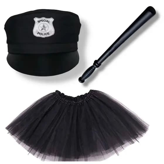 Kit Policial 3 Itens / Quepe Policial + Cassetete + Saia Tule preta / Fantasia Carnaval / ADULTO